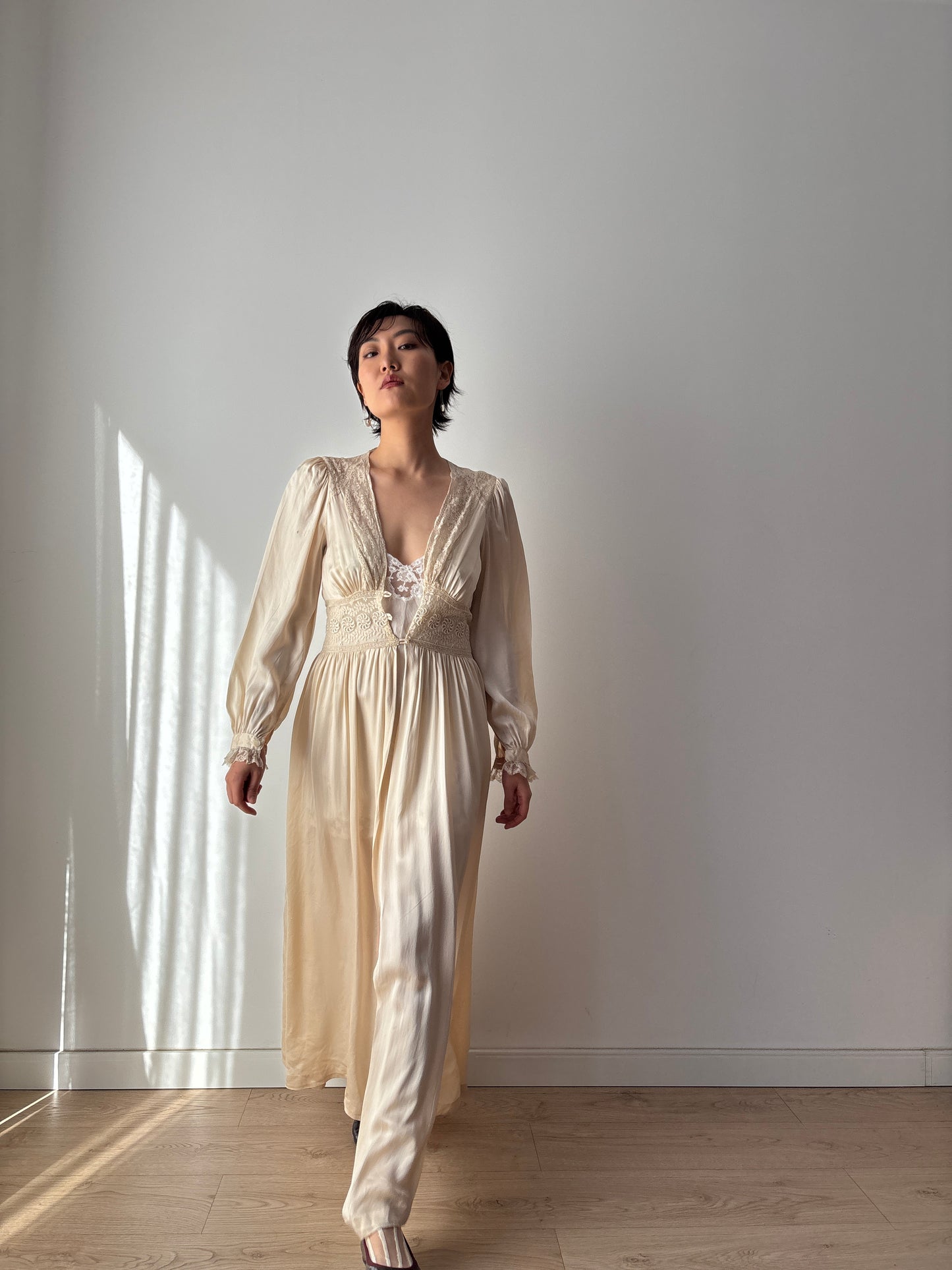 1930s French Lace Negligee: Silk & Lace Bridal Robe