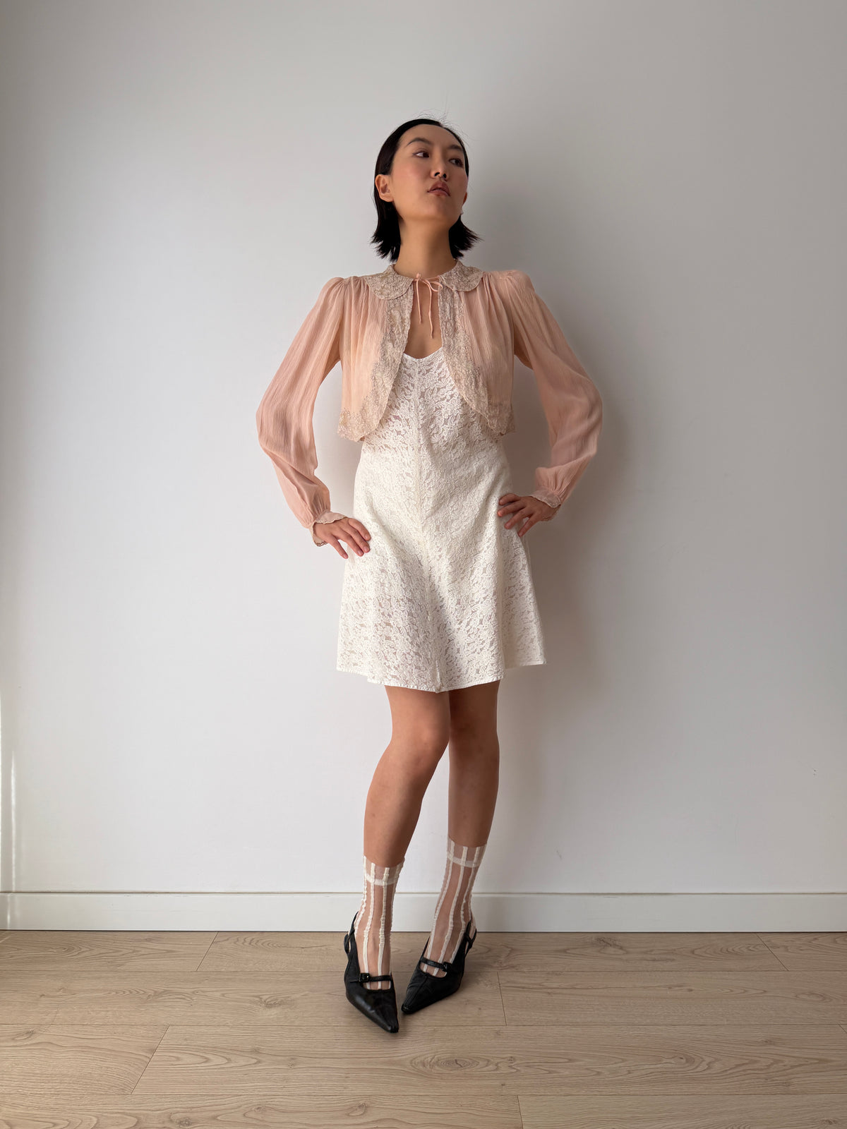 1930s Pale Pink Pure Silk Bolero | Antique 30s Lace Trimmed Jacket | Sheer Vintage Shrug