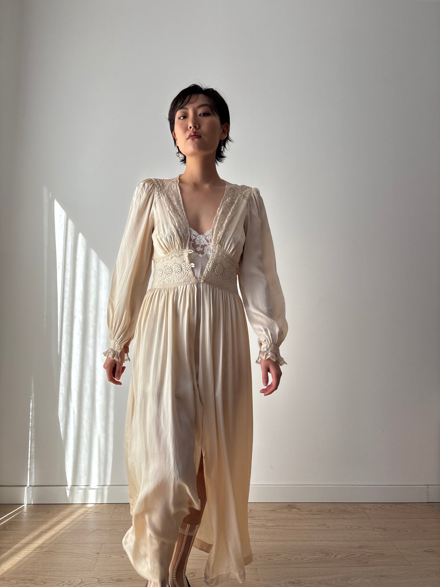 1930s French Lace Negligee: Silk & Lace Bridal Robe