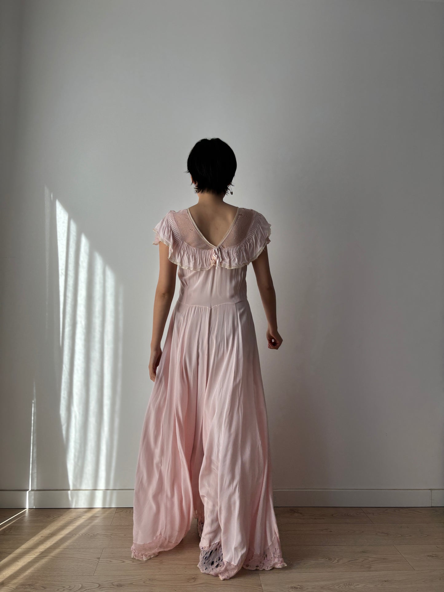 1930s Pink Silk Lace Maxi Dress with Bow Detail