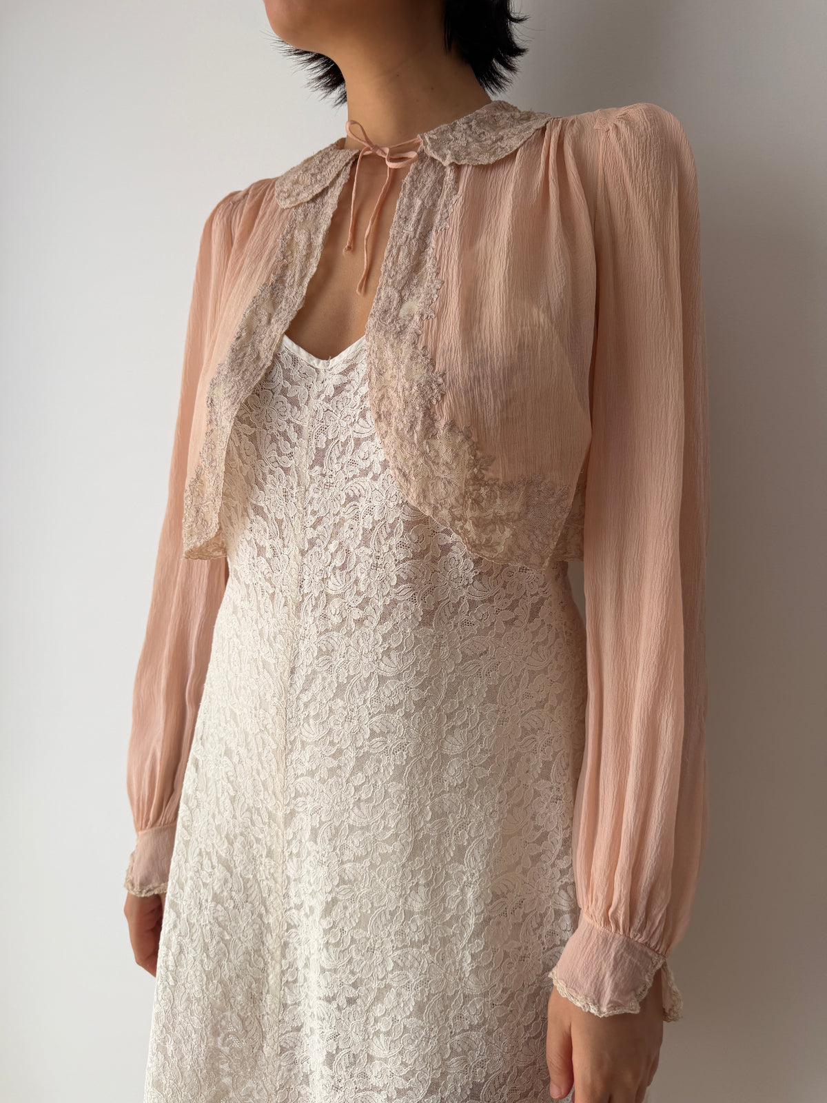 1930s Pale Pink Pure Silk Bolero | Antique 30s Lace Trimmed Jacket | Sheer Vintage Shrug