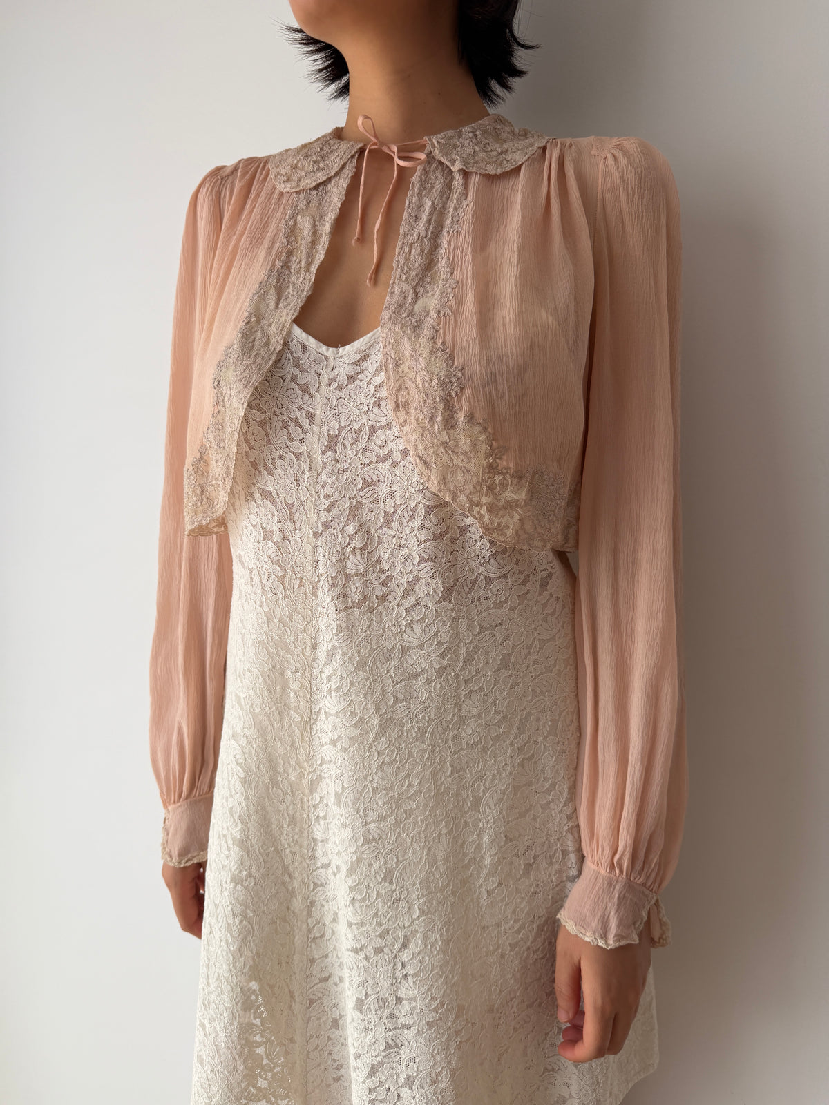 1930s Pale Pink Pure Silk Bolero | Antique 30s Lace Trimmed Jacket | Sheer Vintage Shrug