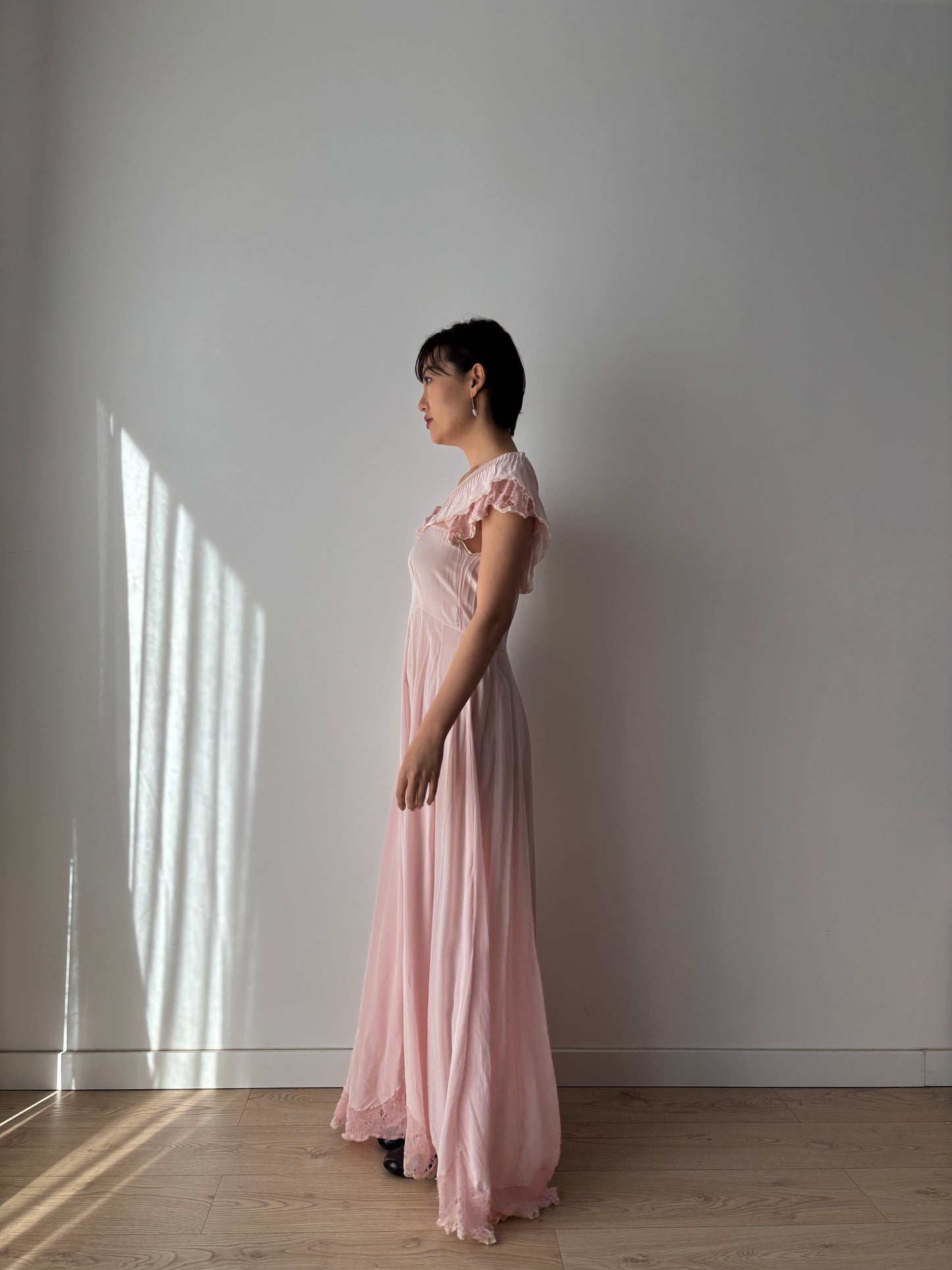 1930s Pink Silk Lace Maxi Dress with Bow Detail
