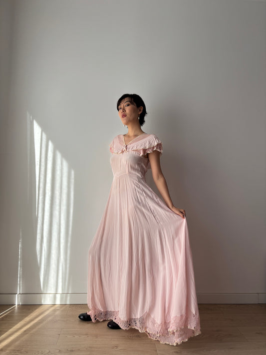 1930s Pink Silk Lace Maxi Dress with Bow Detail
