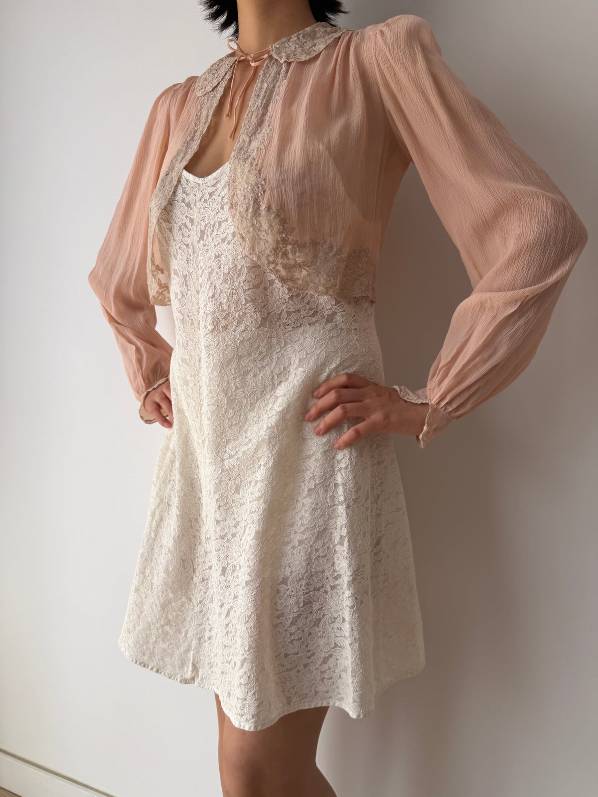 1930s Pale Pink Pure Silk Bolero | Antique 30s Lace Trimmed Jacket | Sheer Vintage Shrug