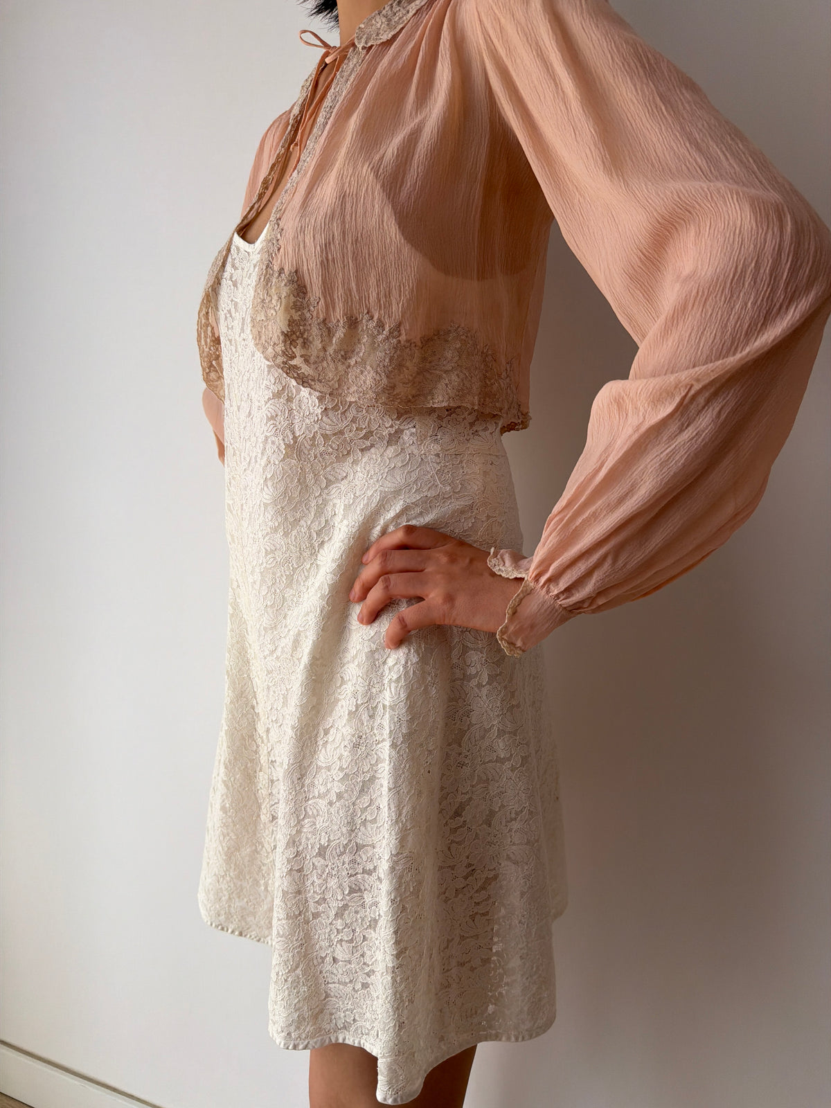 1930s Pale Pink Pure Silk Bolero | Antique 30s Lace Trimmed Jacket | Sheer Vintage Shrug