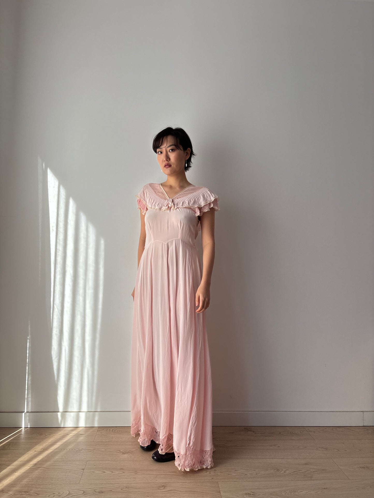 1930s Pink Silk Lace Maxi Dress with Bow Detail