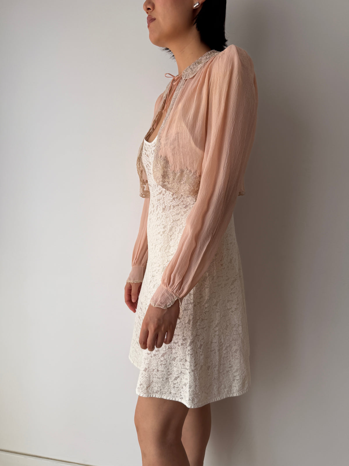 1930s Pale Pink Pure Silk Bolero | Antique 30s Lace Trimmed Jacket | Sheer Vintage Shrug