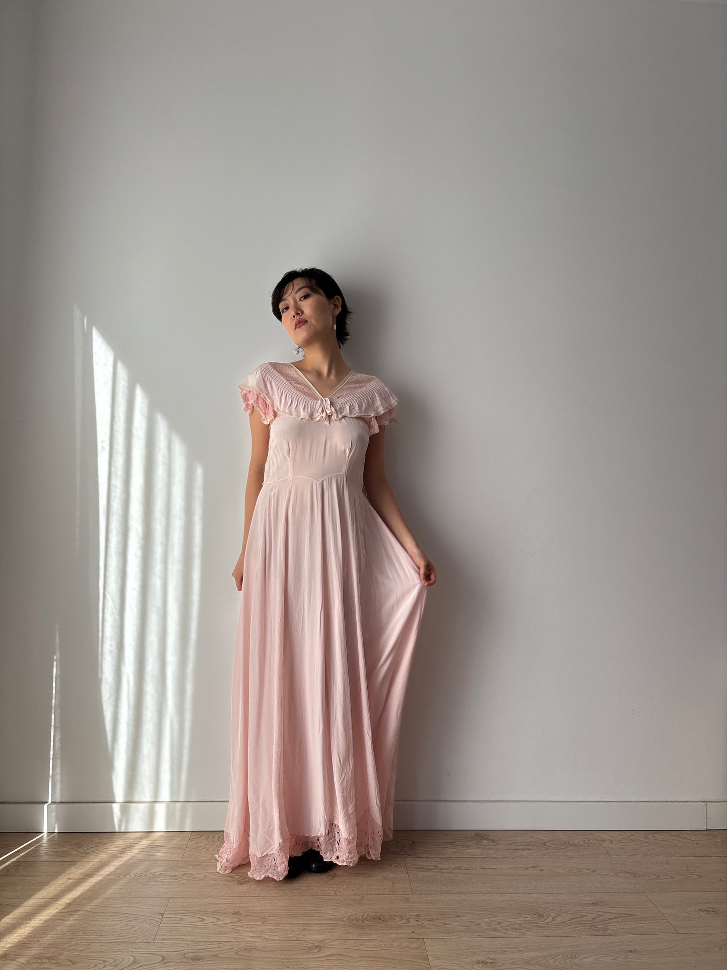 1930s Pink Silk Lace Maxi Dress with Bow Detail