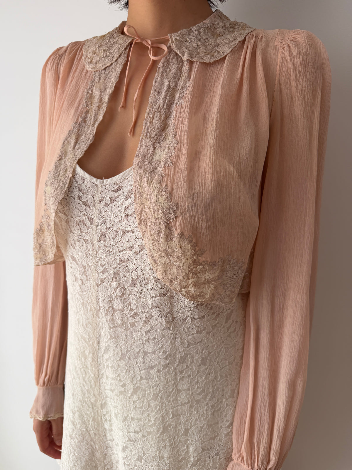 1930s Pale Pink Pure Silk Bolero | Antique 30s Lace Trimmed Jacket | Sheer Vintage Shrug
