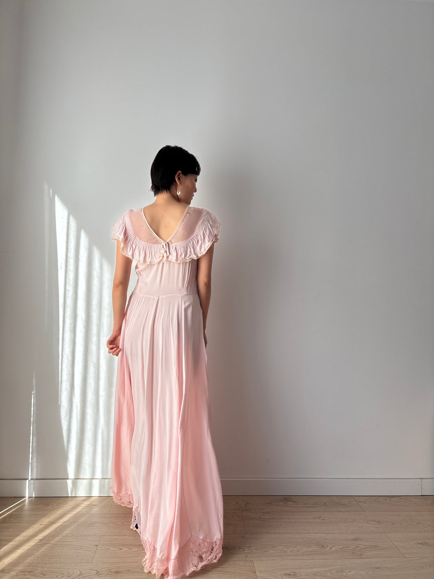 1930s Pink Silk Lace Maxi Dress with Bow Detail