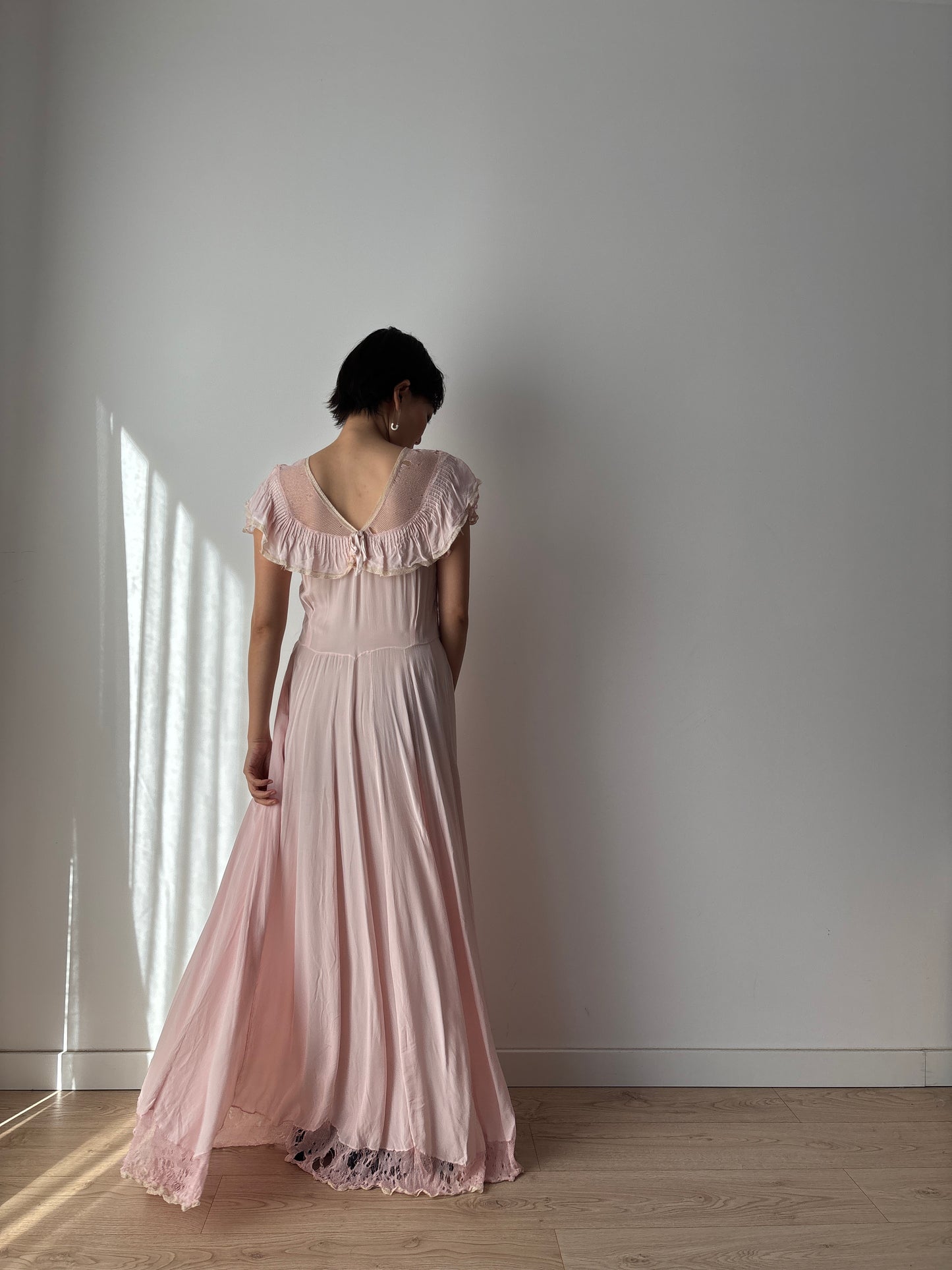 1930s Pink Silk Lace Maxi Dress with Bow Detail