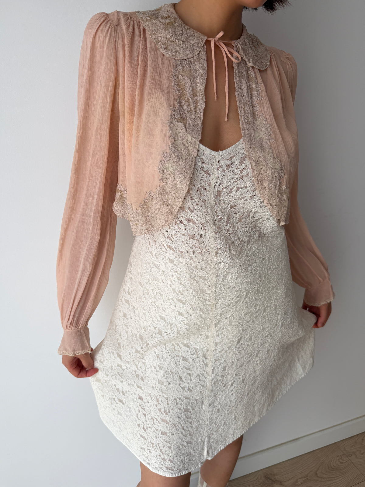 1930s Pale Pink Pure Silk Bolero | Antique 30s Lace Trimmed Jacket | Sheer Vintage Shrug