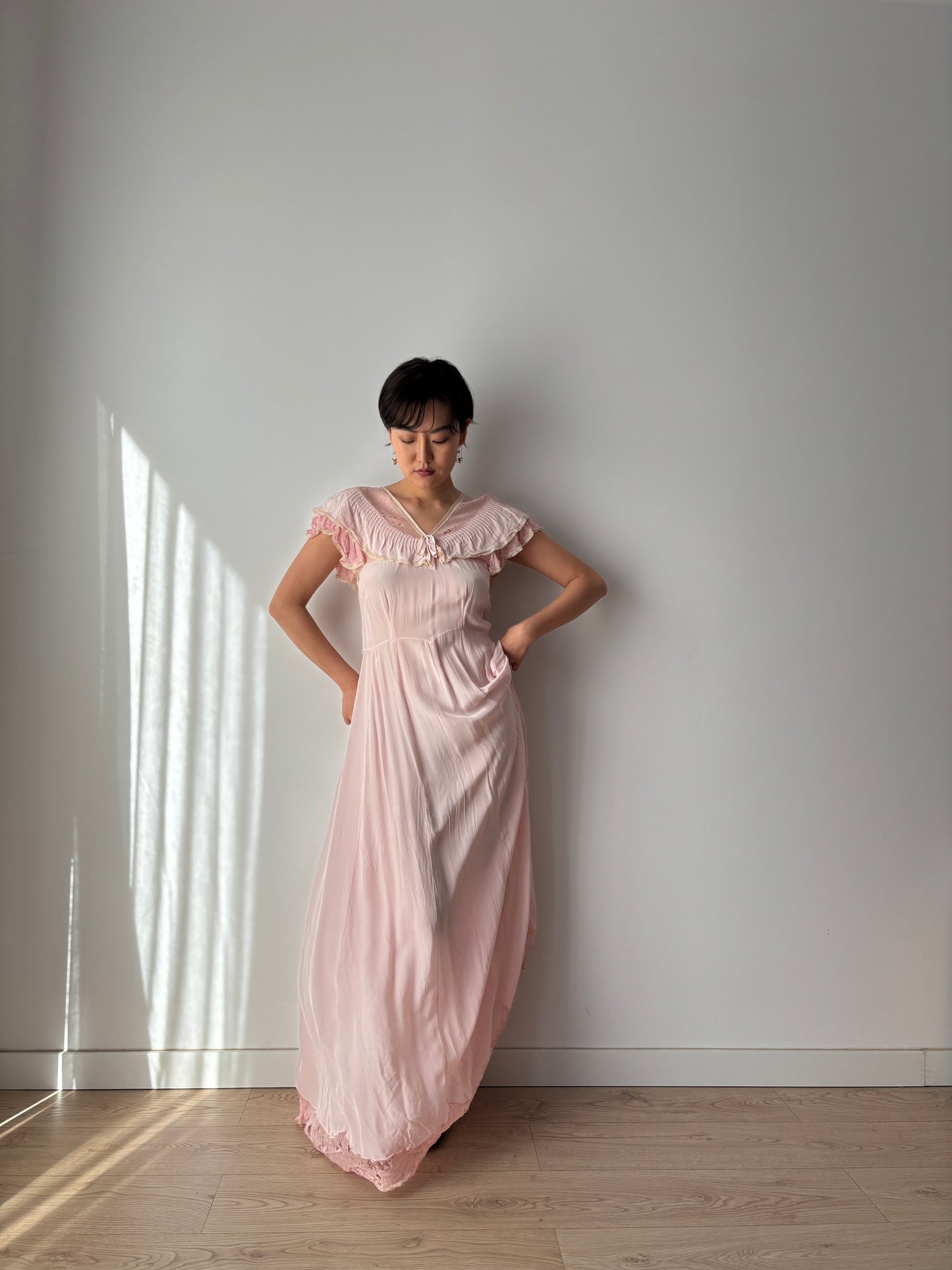 1930s Pink Silk Lace Maxi Dress with Bow Detail