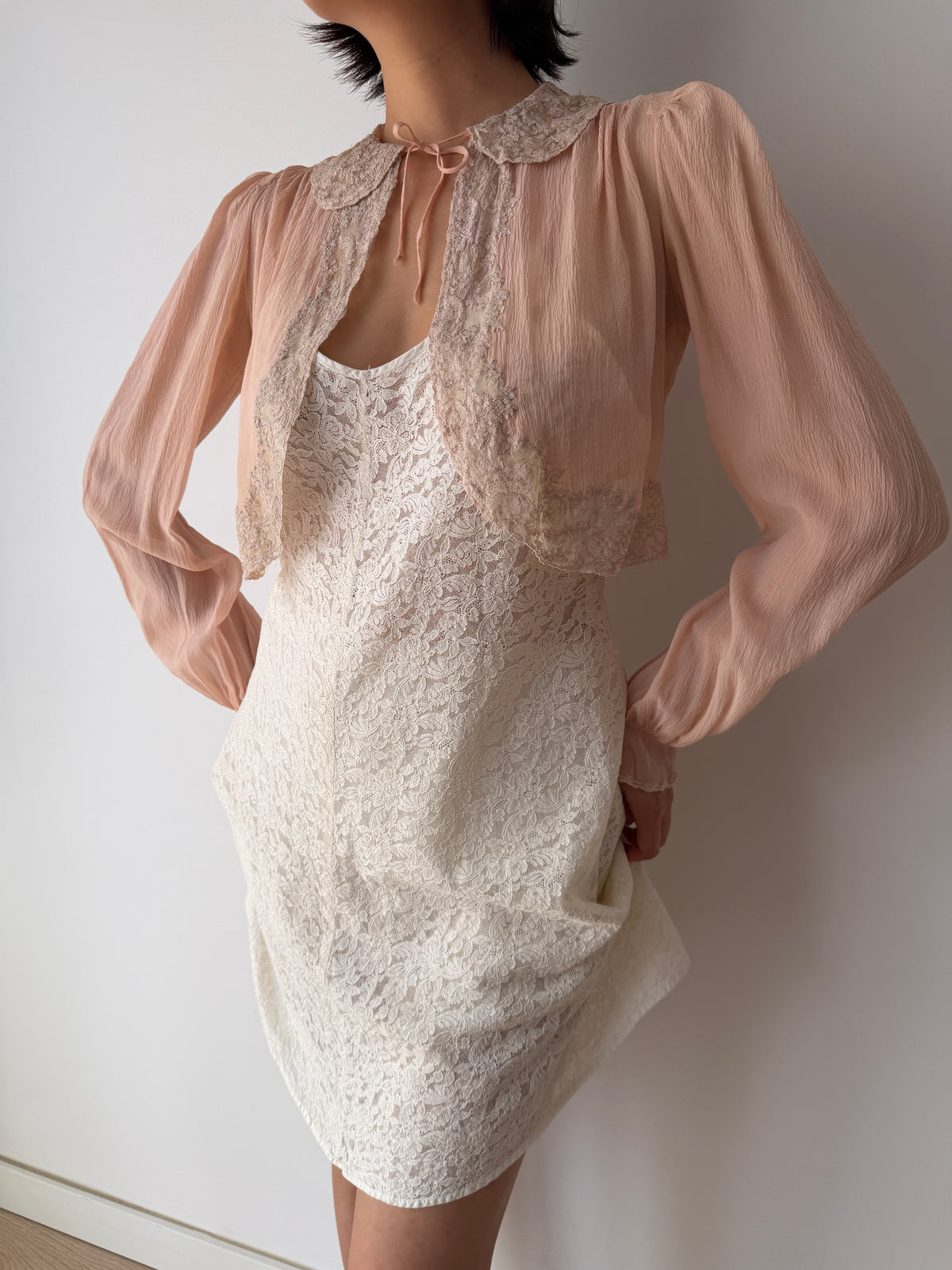 1930s Pale Pink Pure Silk Bolero | Antique 30s Lace Trimmed Jacket | Sheer Vintage Shrug
