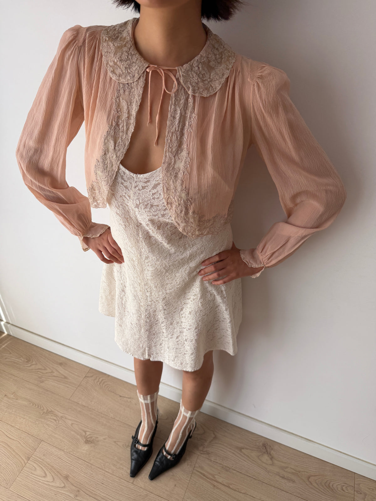 1930s Pale Pink Pure Silk Bolero | Antique 30s Lace Trimmed Jacket | Sheer Vintage Shrug