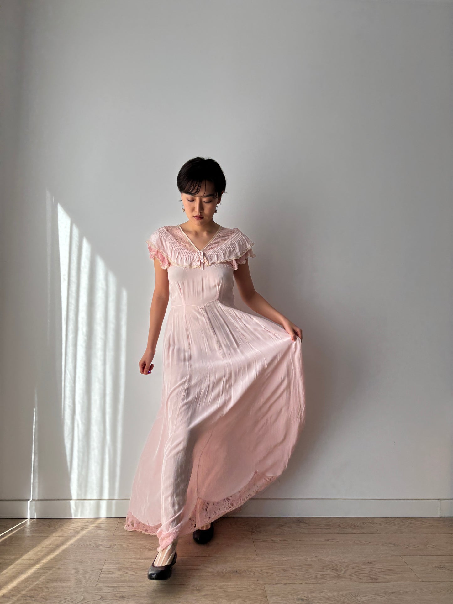 1930s Pink Silk Lace Maxi Dress with Bow Detail