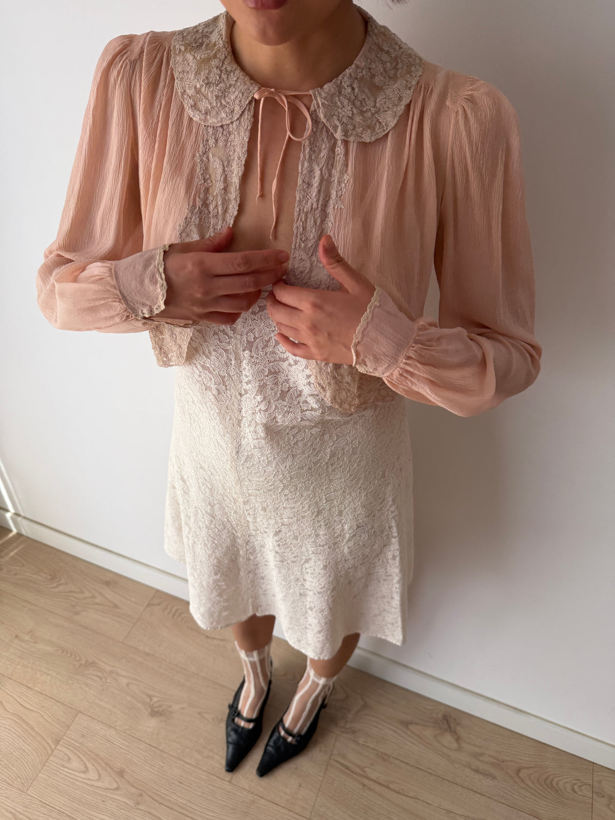 1930s Pale Pink Pure Silk Bolero | Antique 30s Lace Trimmed Jacket | Sheer Vintage Shrug
