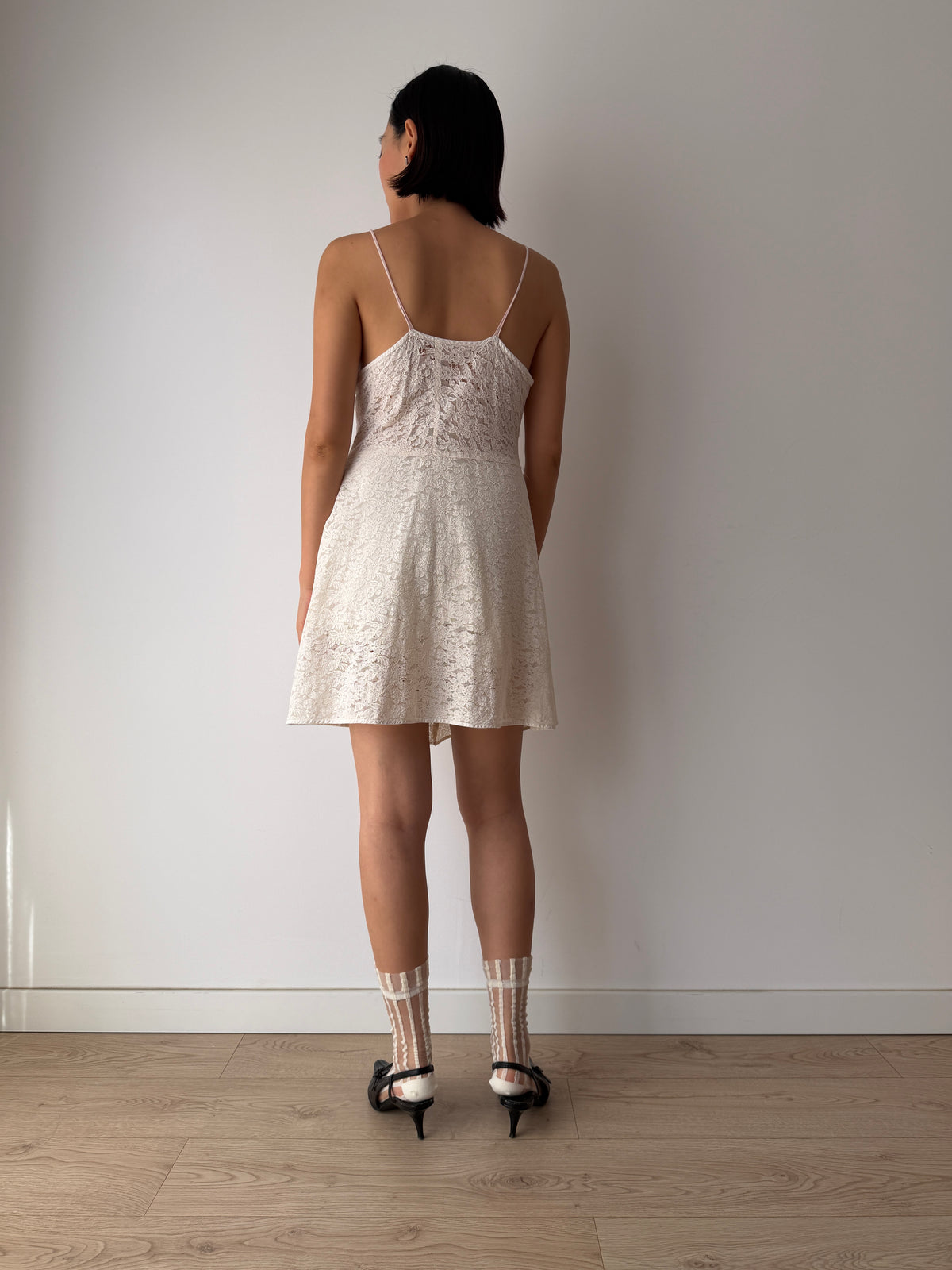 1940s Sheer Cotton White Lace Slip Dress, Spaghetti Straps, Romantic Bridal Mini Gown