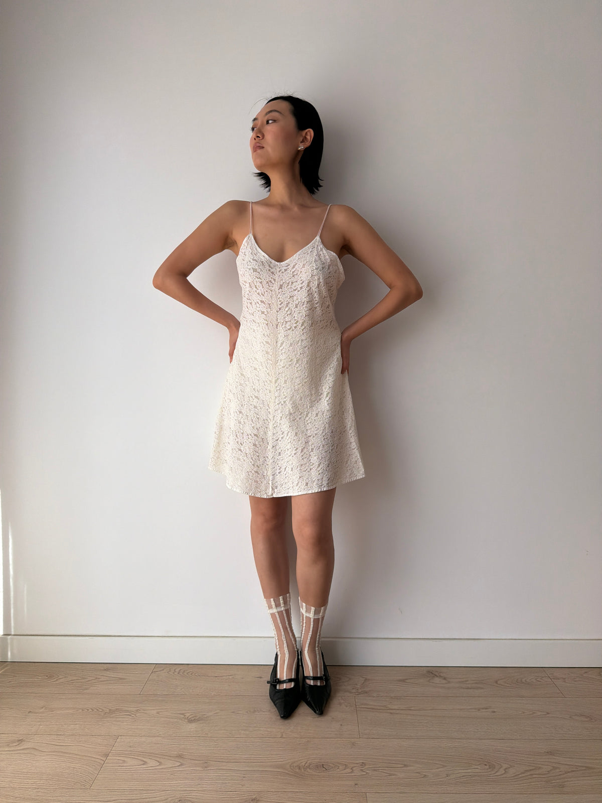 1940s Sheer Cotton White Lace Slip Dress, Spaghetti Straps, Romantic Bridal Mini Gown