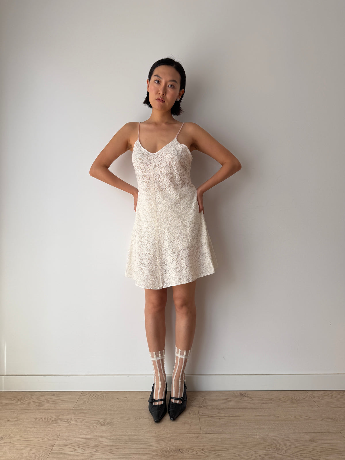 1940s Sheer Cotton White Lace Slip Dress, Spaghetti Straps, Romantic Bridal Mini Gown
