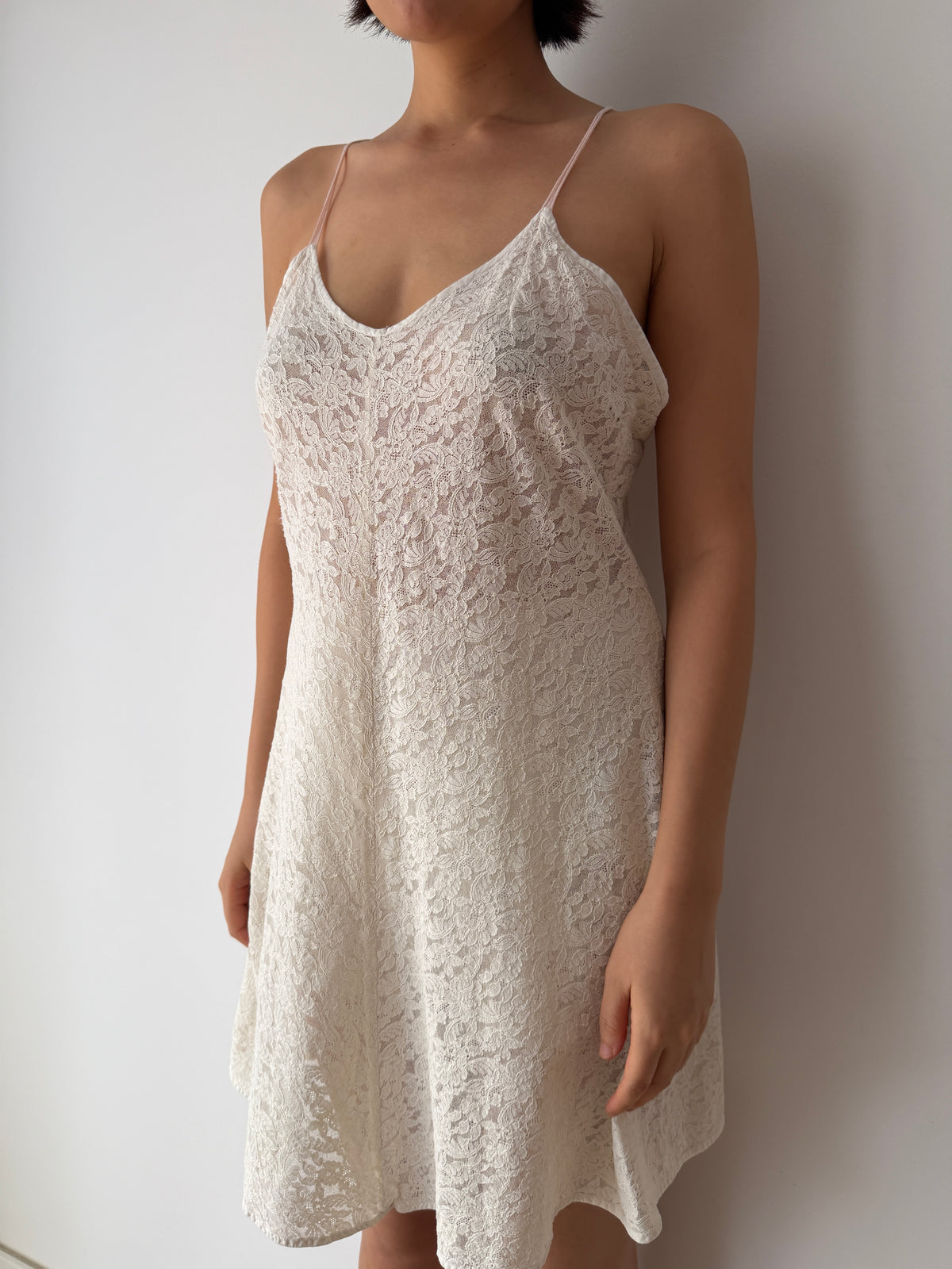 1940s Sheer Cotton White Lace Slip Dress, Spaghetti Straps, Romantic Bridal Mini Gown