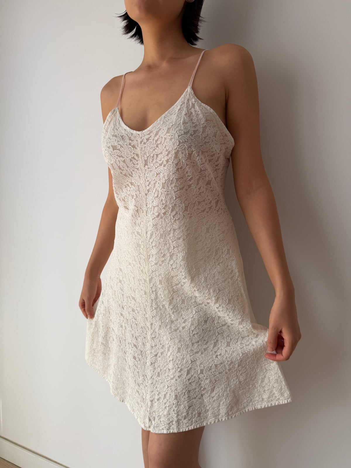 1940s Sheer Cotton White Lace Slip Dress, Spaghetti Straps, Romantic Bridal Mini Gown