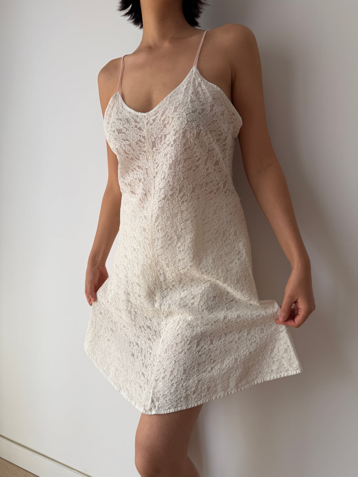 1940s Sheer Cotton White Lace Slip Dress, Spaghetti Straps, Romantic Bridal Mini Gown