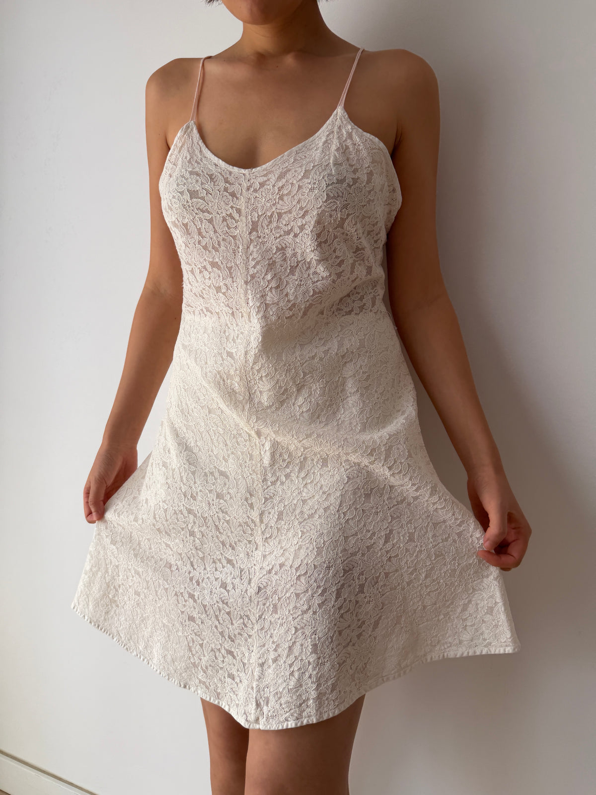 1940s Sheer Cotton White Lace Slip Dress, Spaghetti Straps, Romantic Bridal Mini Gown