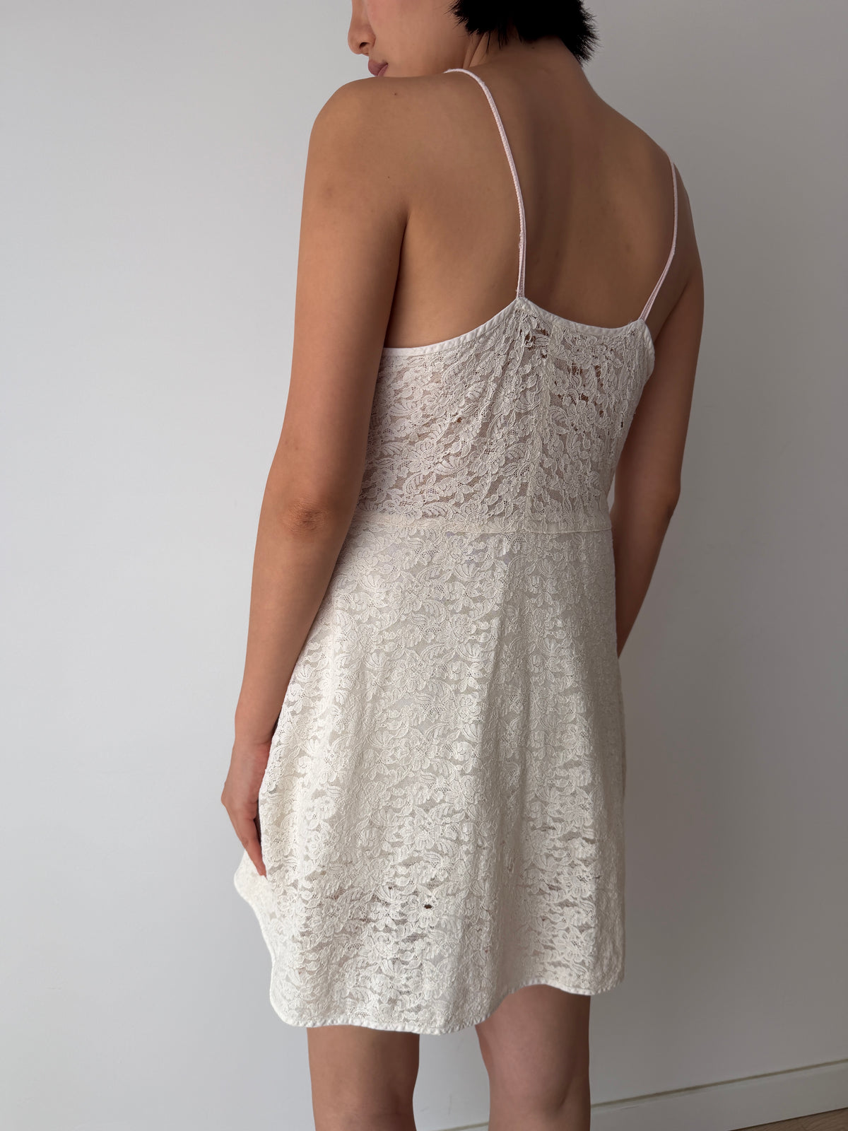 1940s Sheer Cotton White Lace Slip Dress, Spaghetti Straps, Romantic Bridal Mini Gown