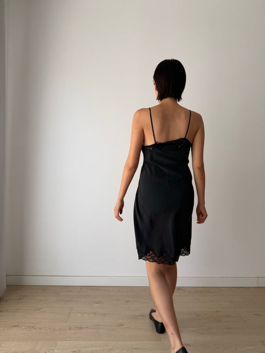 Vintage Black Silk Lace Nightgown: 1930s Floral Embroidery Slip