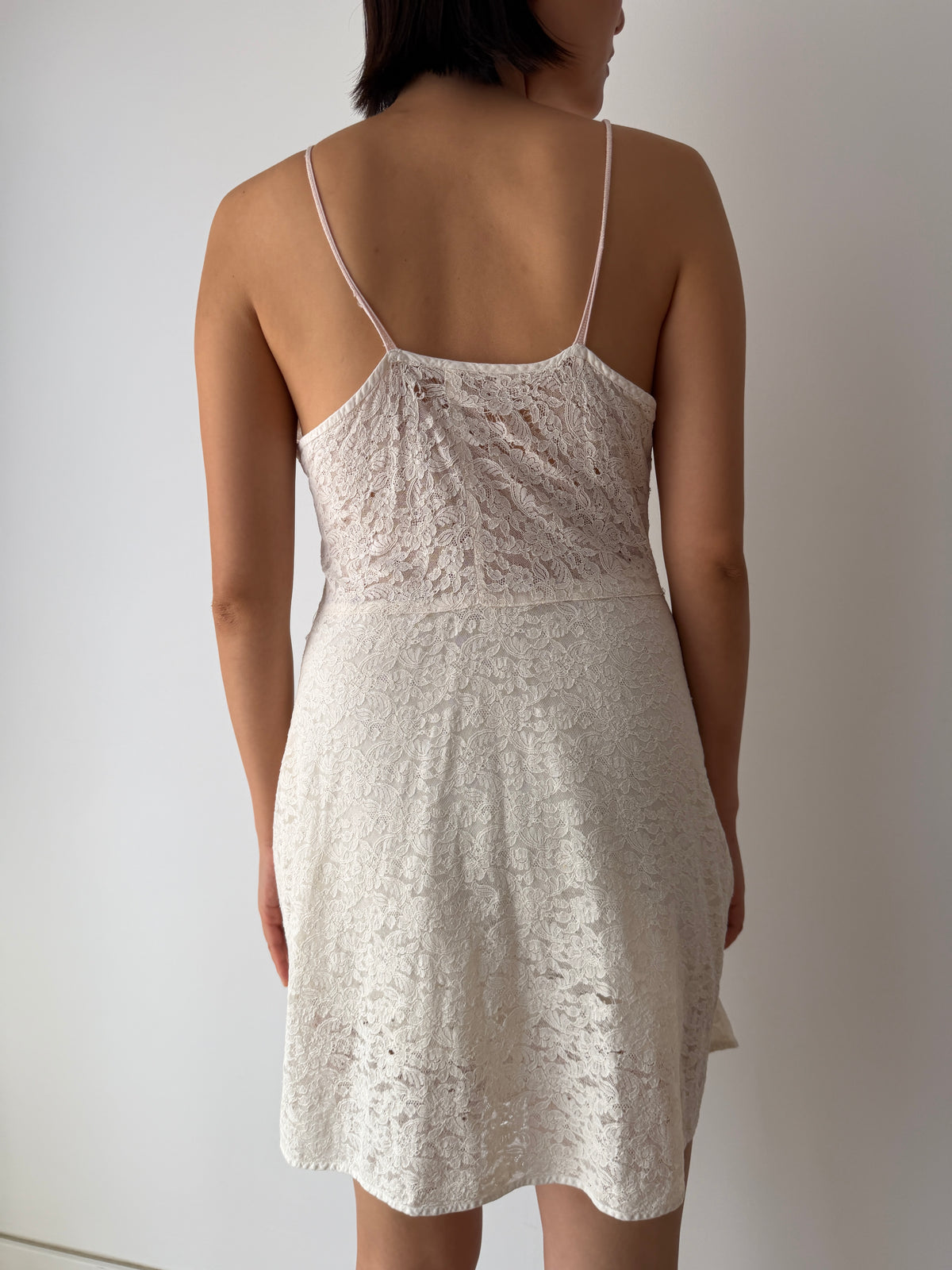 1940s Sheer Cotton White Lace Slip Dress, Spaghetti Straps, Romantic Bridal Mini Gown