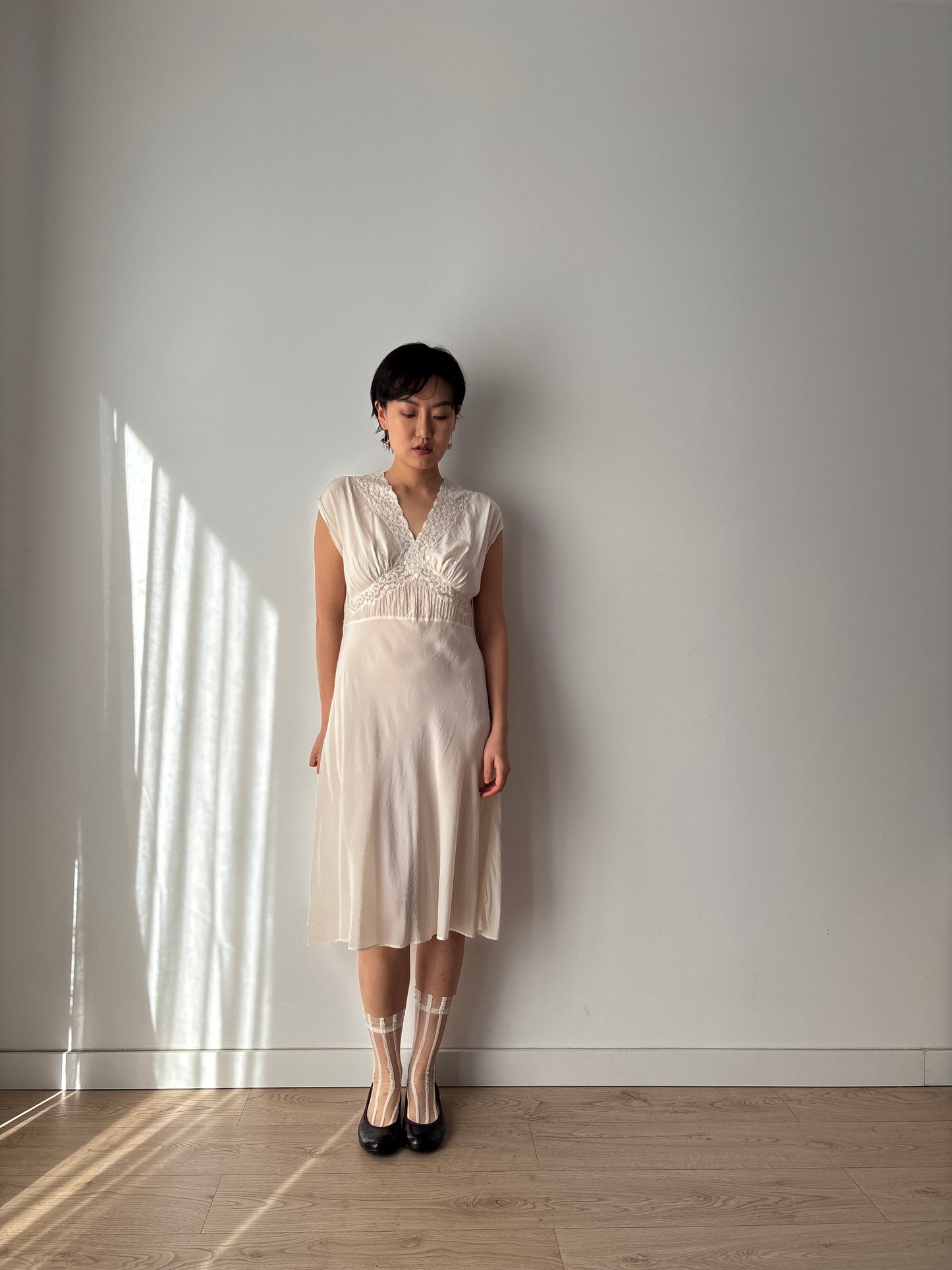 1930s French Lace & Silk Slip Dress: Bridal or Evening Wear