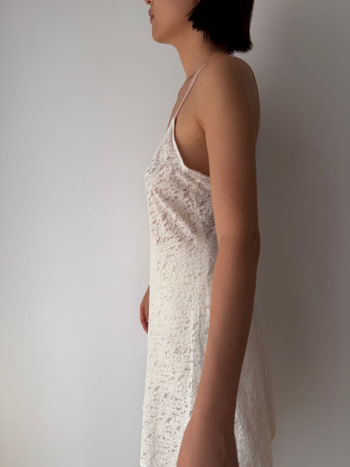 1940s Sheer Cotton White Lace Slip Dress, Spaghetti Straps, Romantic Bridal Mini Gown