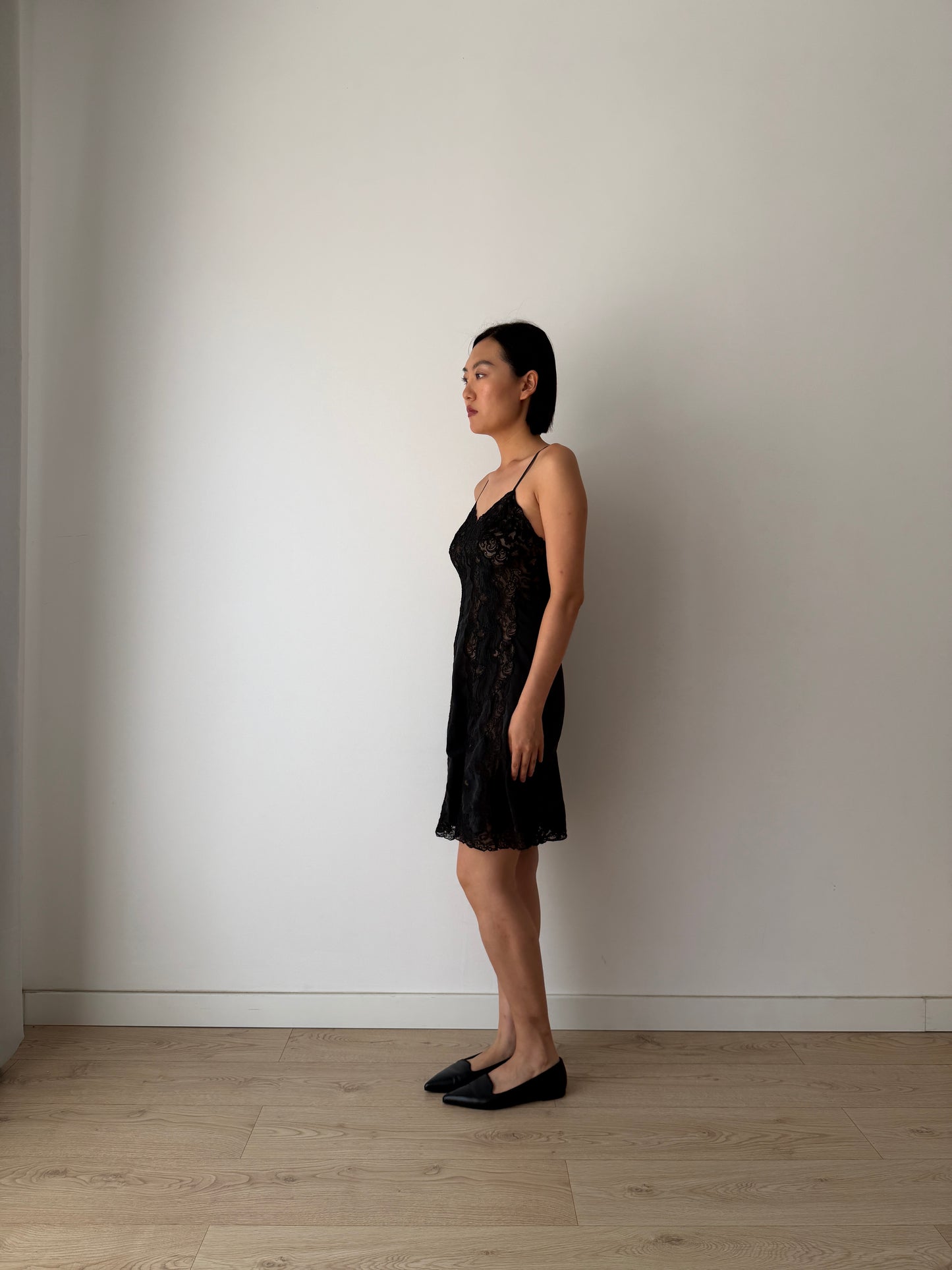 Vintage Black Silk Lace Nightgown: 1930s Floral Embroidery Slip