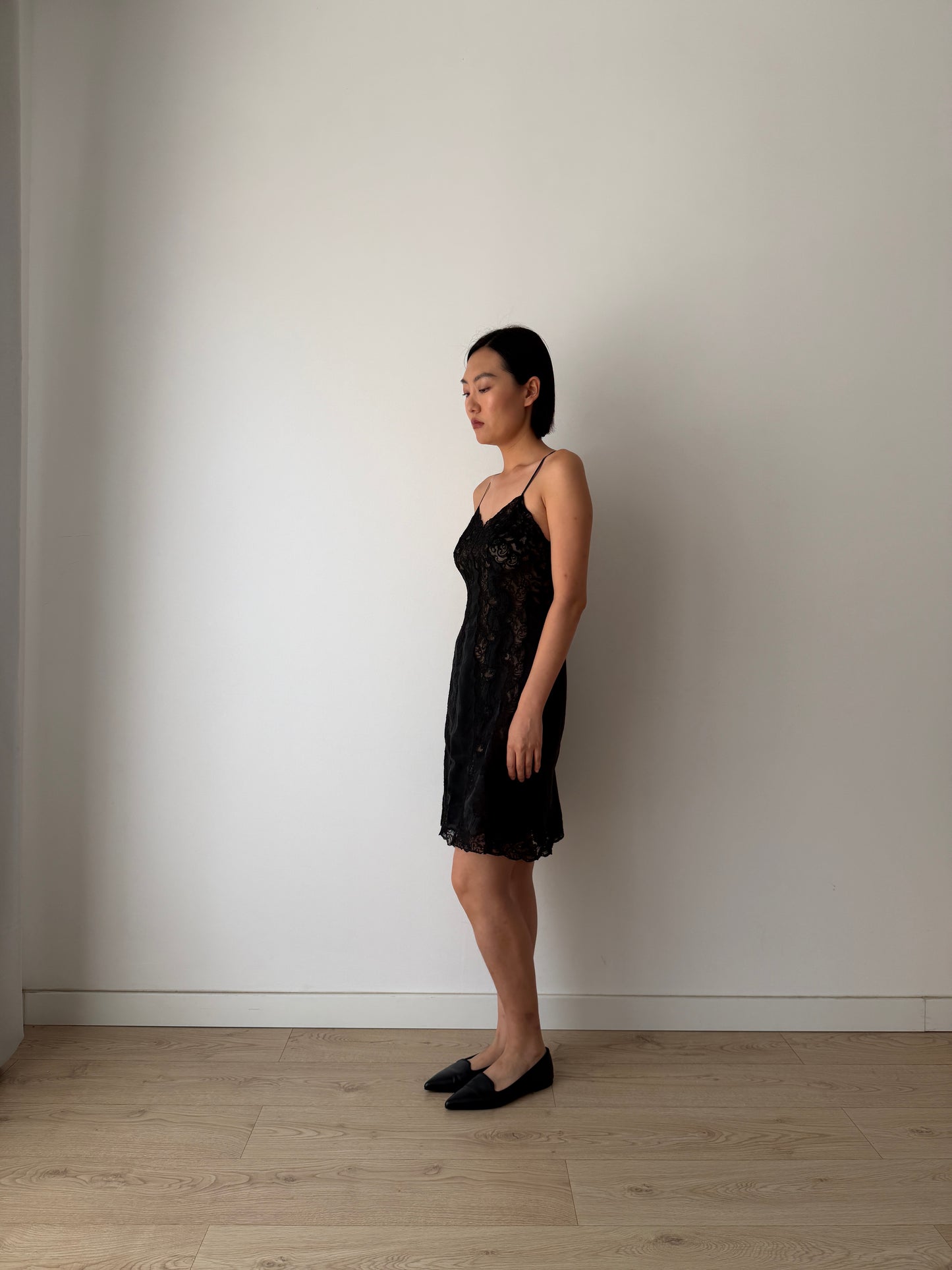 Vintage Black Silk Lace Nightgown: 1930s Floral Embroidery Slip