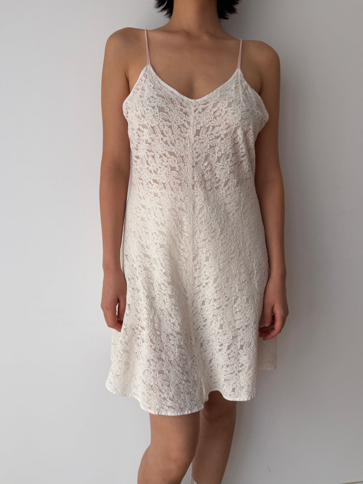 1940s Sheer Cotton White Lace Slip Dress, Spaghetti Straps, Romantic Bridal Mini Gown