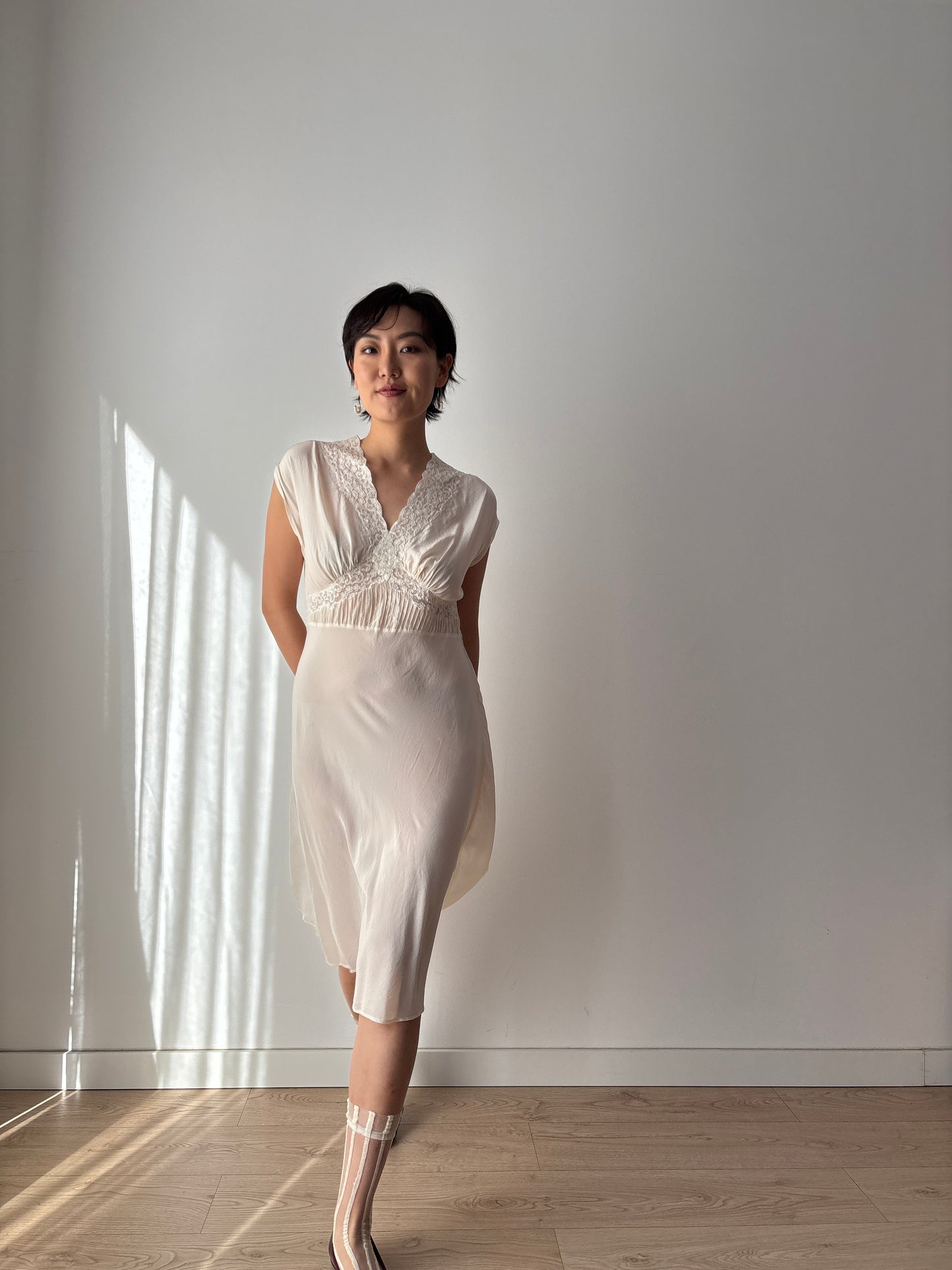 1930s French Lace & Silk Slip Dress: Bridal or Evening Wear