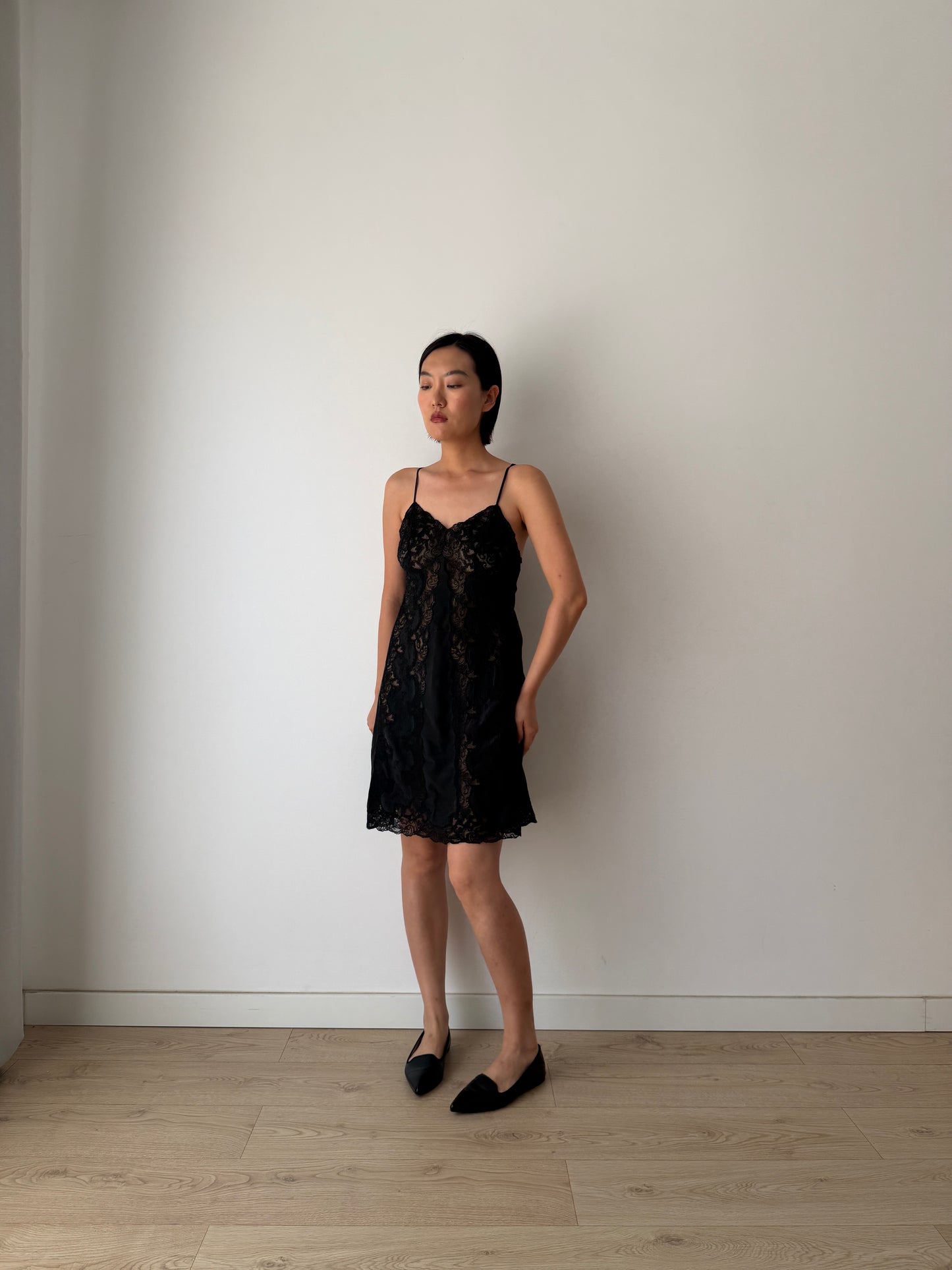 Vintage Black Silk Lace Nightgown: 1930s Floral Embroidery Slip