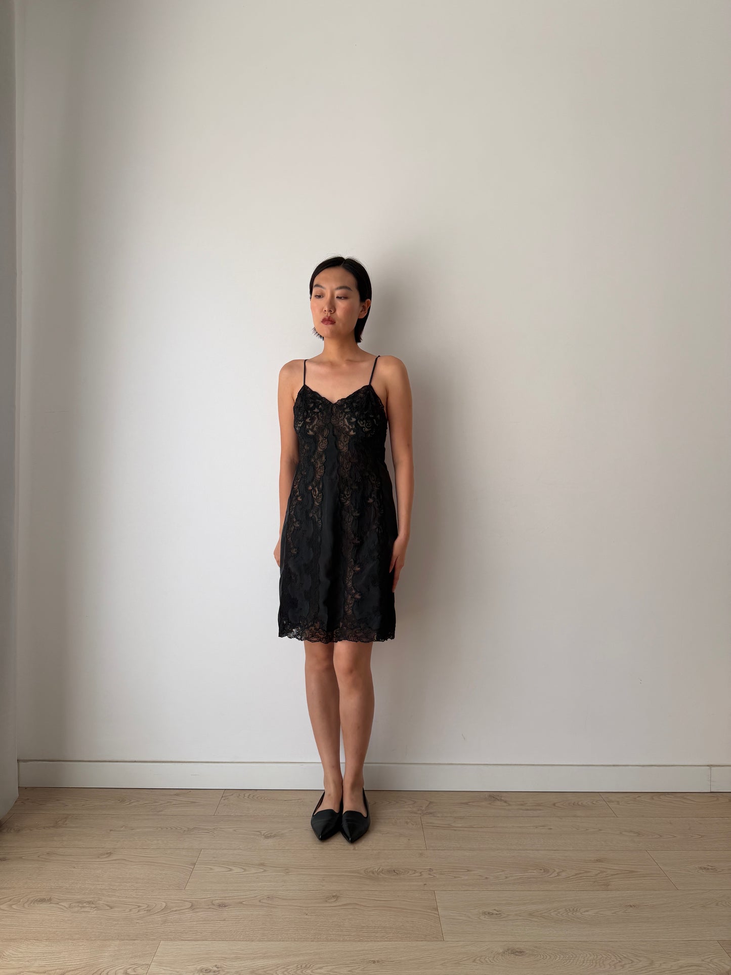 Vintage Black Silk Lace Nightgown: 1930s Floral Embroidery Slip