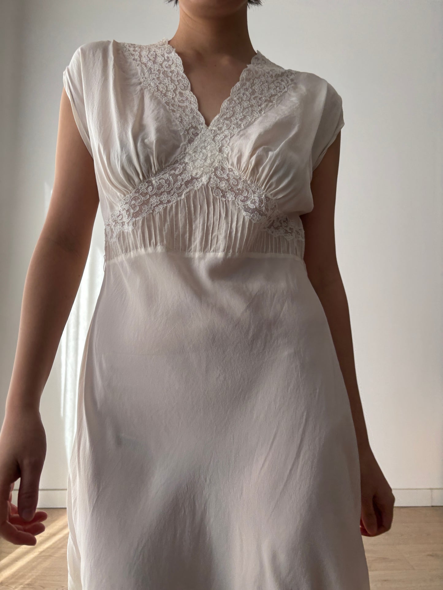 1930s French Lace & Silk Slip Dress: Bridal or Evening Wear