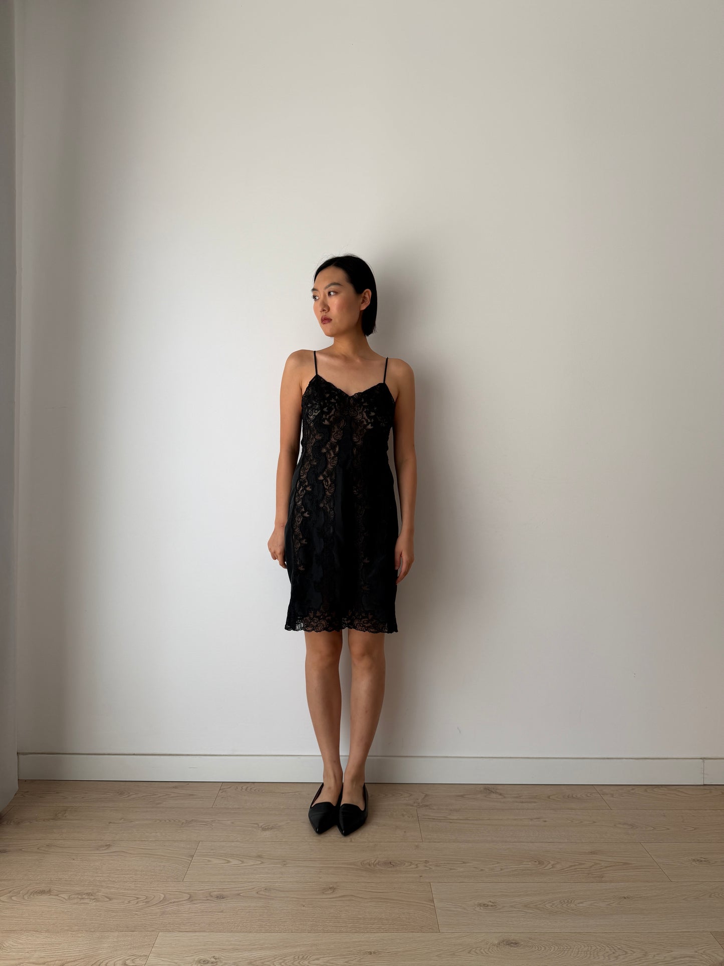Vintage Black Silk Lace Nightgown: 1930s Floral Embroidery Slip