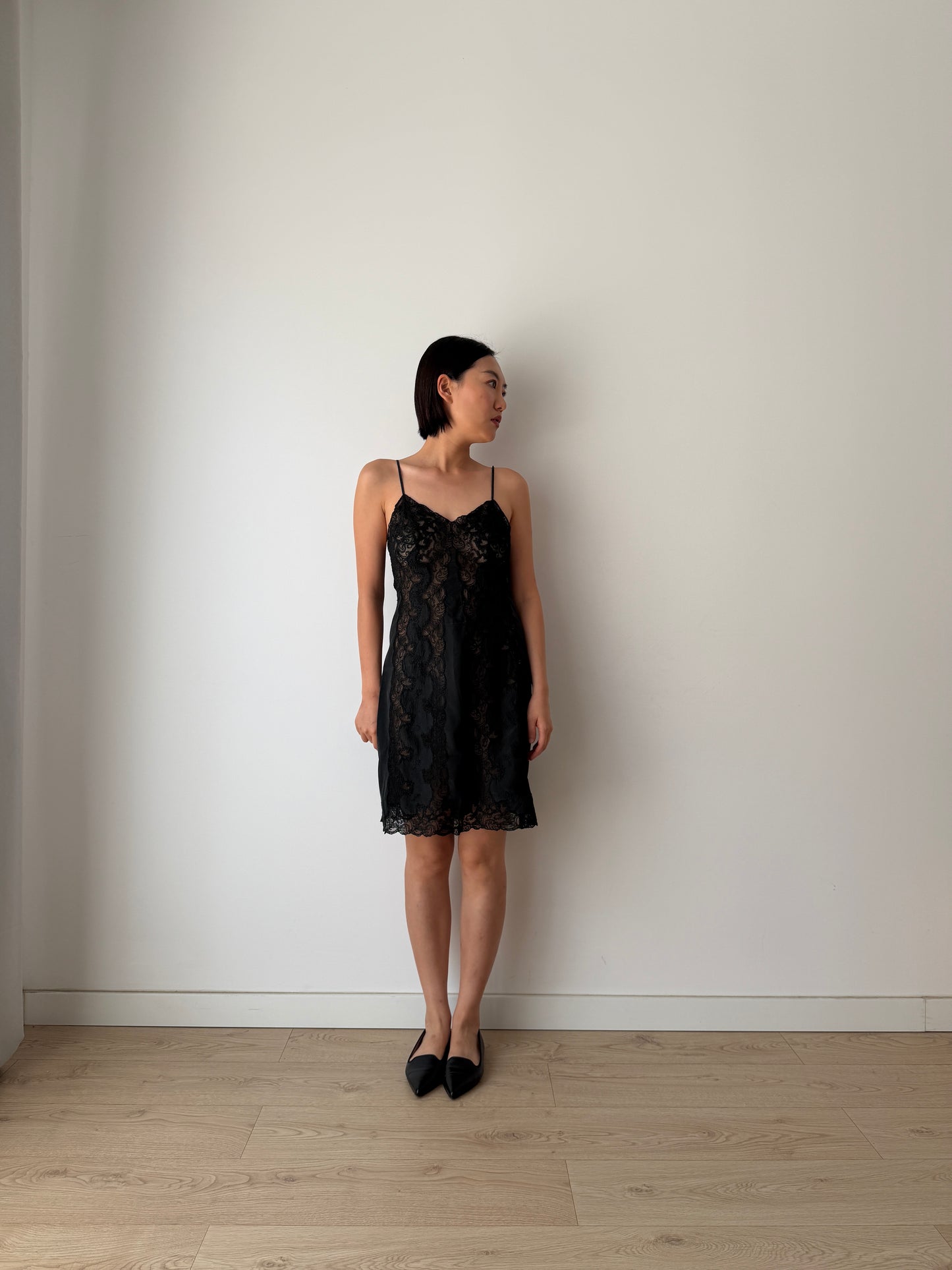 Vintage Black Silk Lace Nightgown: 1930s Floral Embroidery Slip