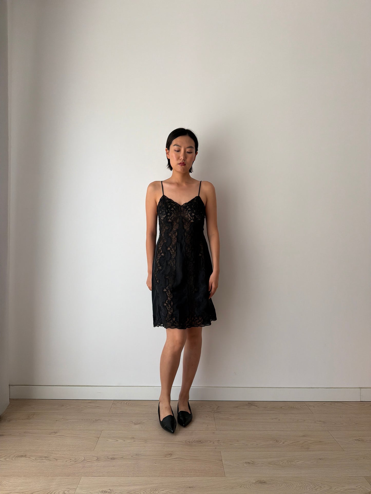 Vintage Black Silk Lace Nightgown: 1930s Floral Embroidery Slip
