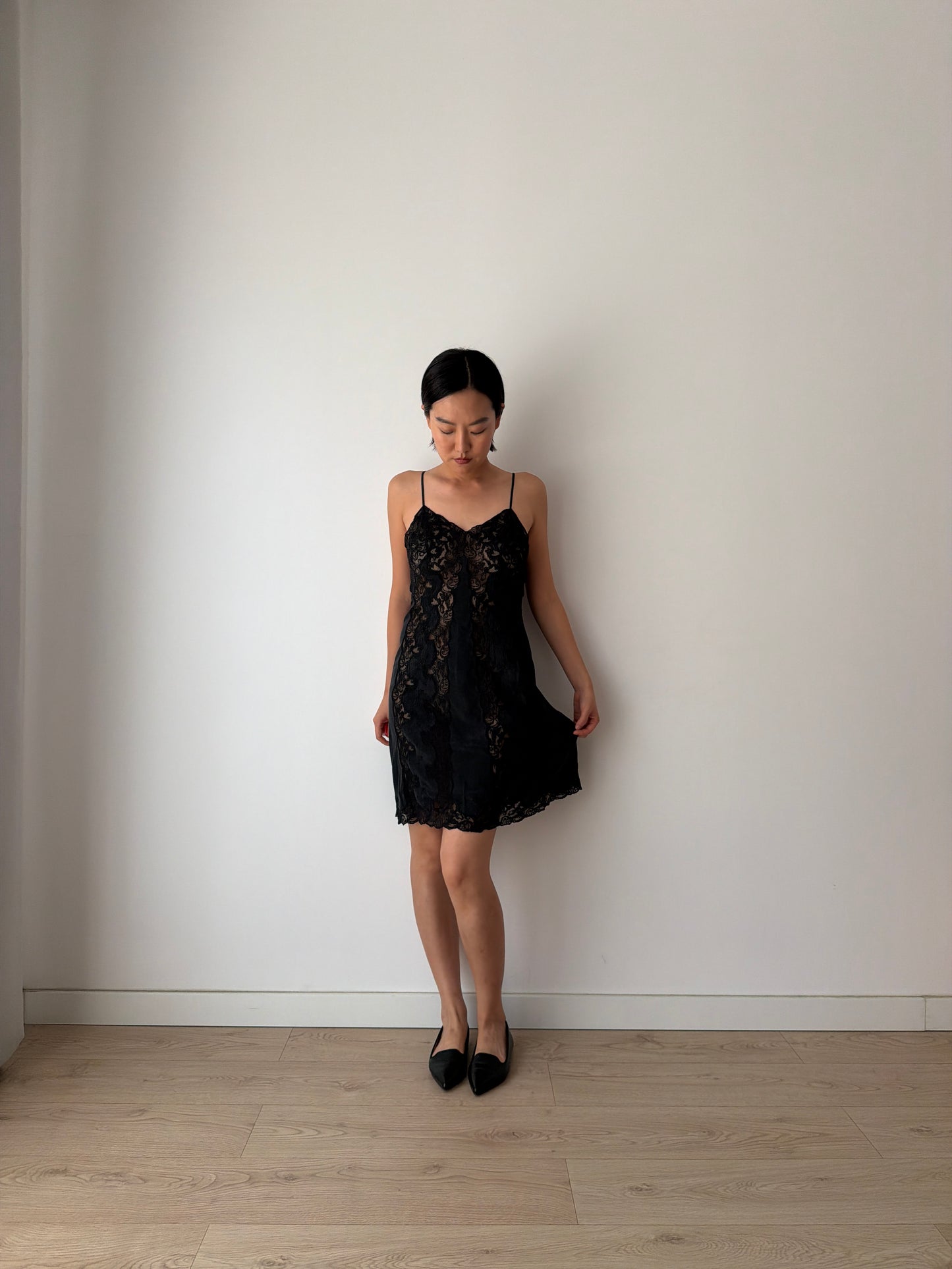 Vintage Black Silk Lace Nightgown: 1930s Floral Embroidery Slip