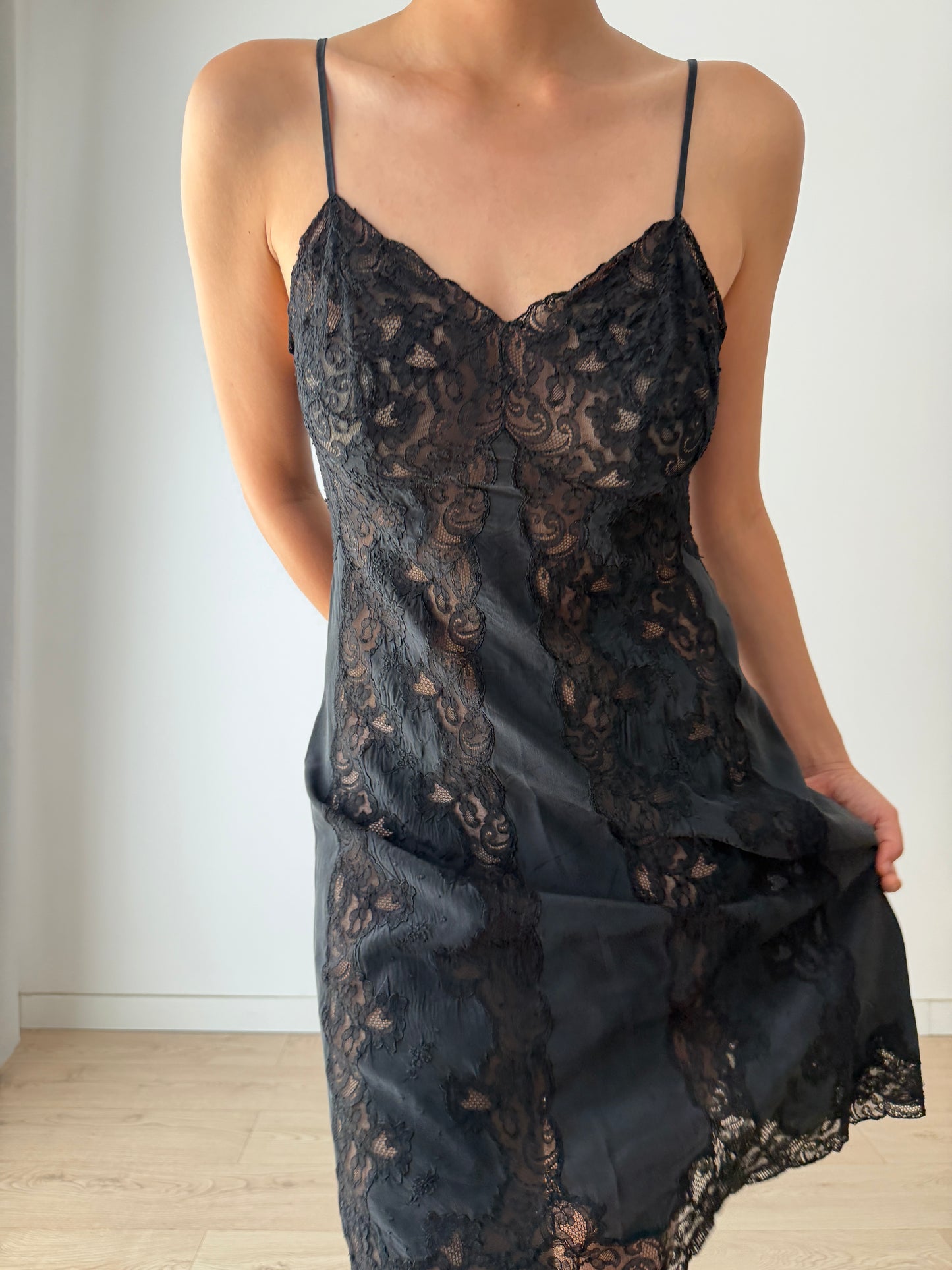 Vintage Black Silk Lace Nightgown: 1930s Floral Embroidery Slip