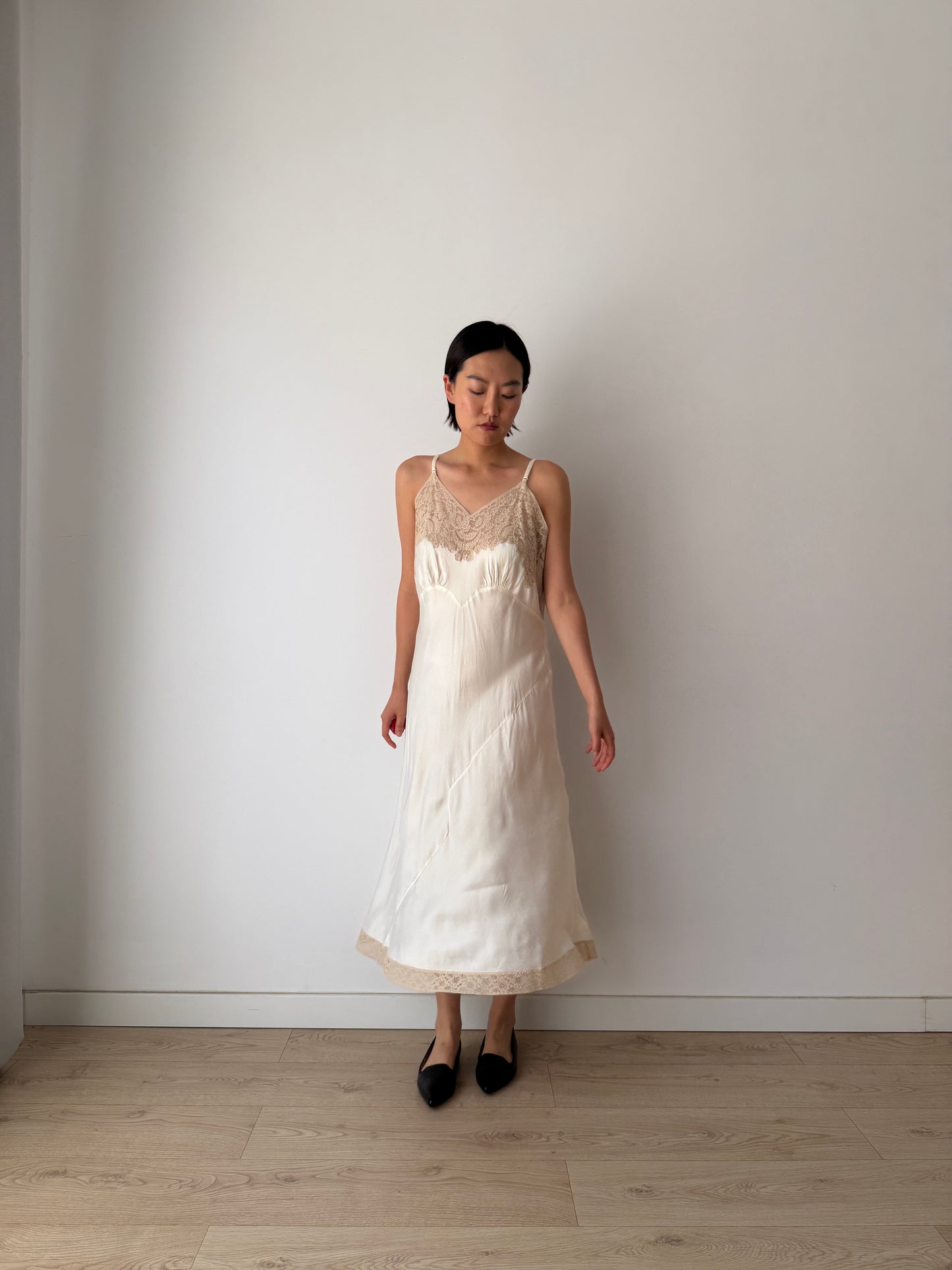 1940s Vintage Silk Satin Slip Dress, Antique Lace Bridal Lingerie
