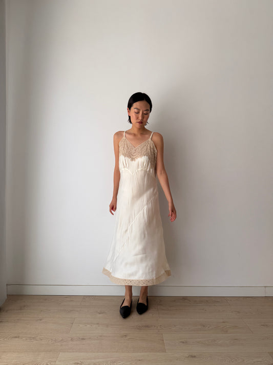 1940s Vintage Silk Satin Slip Dress, Antique Lace Bridal Lingerie