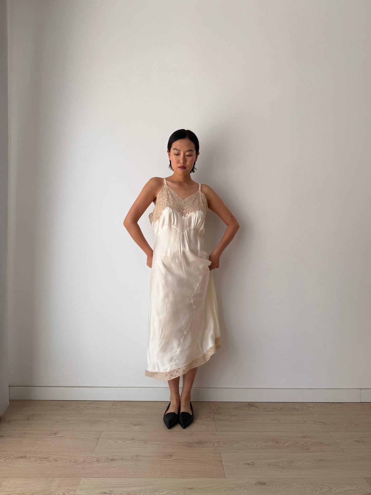 1940s Vintage Silk Satin Slip Dress, Antique Lace Bridal Lingerie