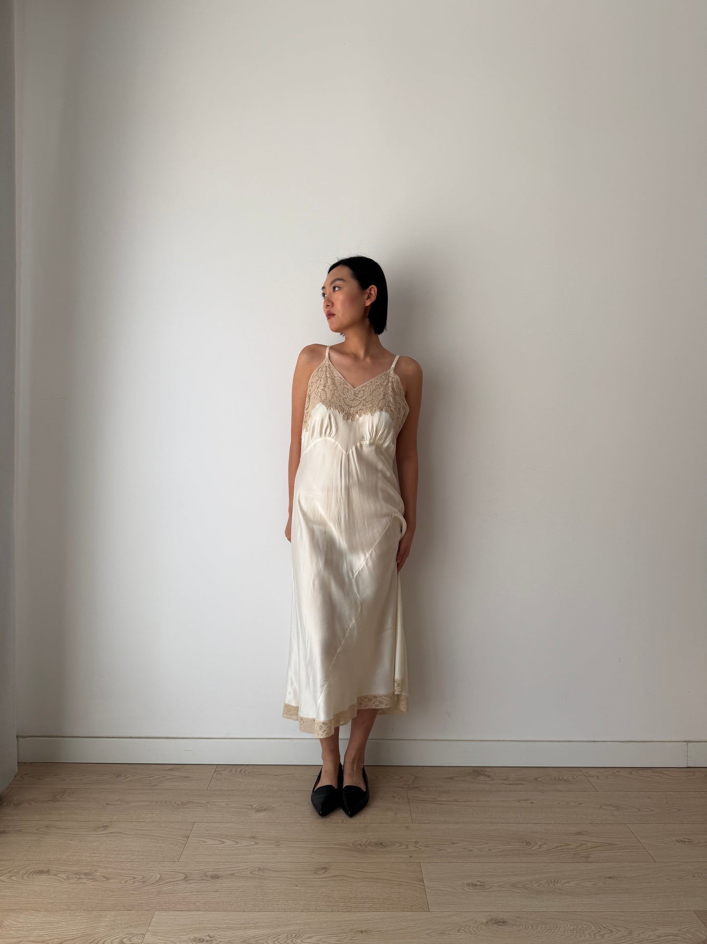 1940s Vintage Silk Satin Slip Dress, Antique Lace Bridal Lingerie